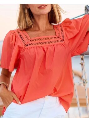 Mary Square Heidi Square Neck Lattice Flutter Sleeve Blouse Top Coral XL